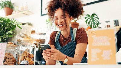 Buy stock photo Waitress, smile and phone with woman in cafe for customer order, food delivery and small business. Restaurant, contact and barista person in coffee shop for bakery, communication and catering app