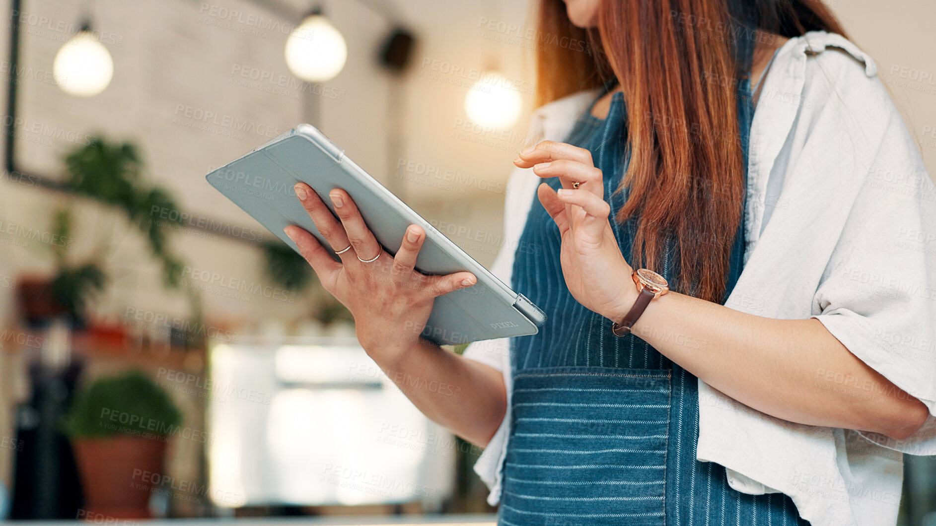 Buy stock photo Barista, tablet and hands of woman in cafe for research, digital inventory or restaurant supply checklist. Waitress, catering review and small business owner with person in coffee shop for menu price