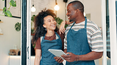 Buy stock photo Cafe, entrance and team with tablet, smile and welcome with small business people. Partnership, confidence and happy restaurant staff at door on digital app for online booking, orders or review