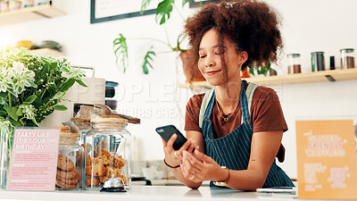 Buy stock photo Waitress, happy and phone with woman in cafe for customer order, food delivery and small business. Restaurant, contact and barista or person in coffee shop for bakery, communication and catering app