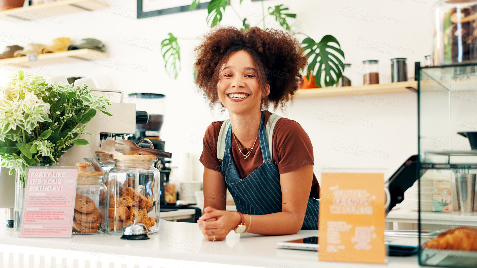 Buy stock photo Waitress, smile and portrait with woman in cafe for order, hospitality and small business owner. Restaurant, cafeteria and barista or person in coffee shop for Bakery, food industry and catering