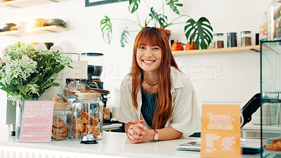 Buy stock photo Woman, happy and portrait of barista in cafe with confidence for hospitality career. Smile, startup and female waitress with pride for customer service at counter in restaurant or coffee shop.