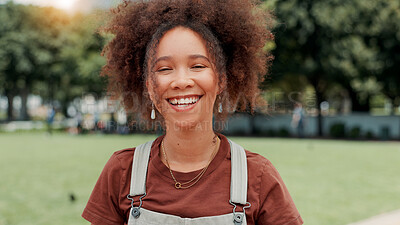 Buy stock photo Happy, nature and portrait of woman outdoor in park on self care vacation, holiday or getaway. Smile, confident and face of female person from Colombia in garden on adventure, journey or weekend trip