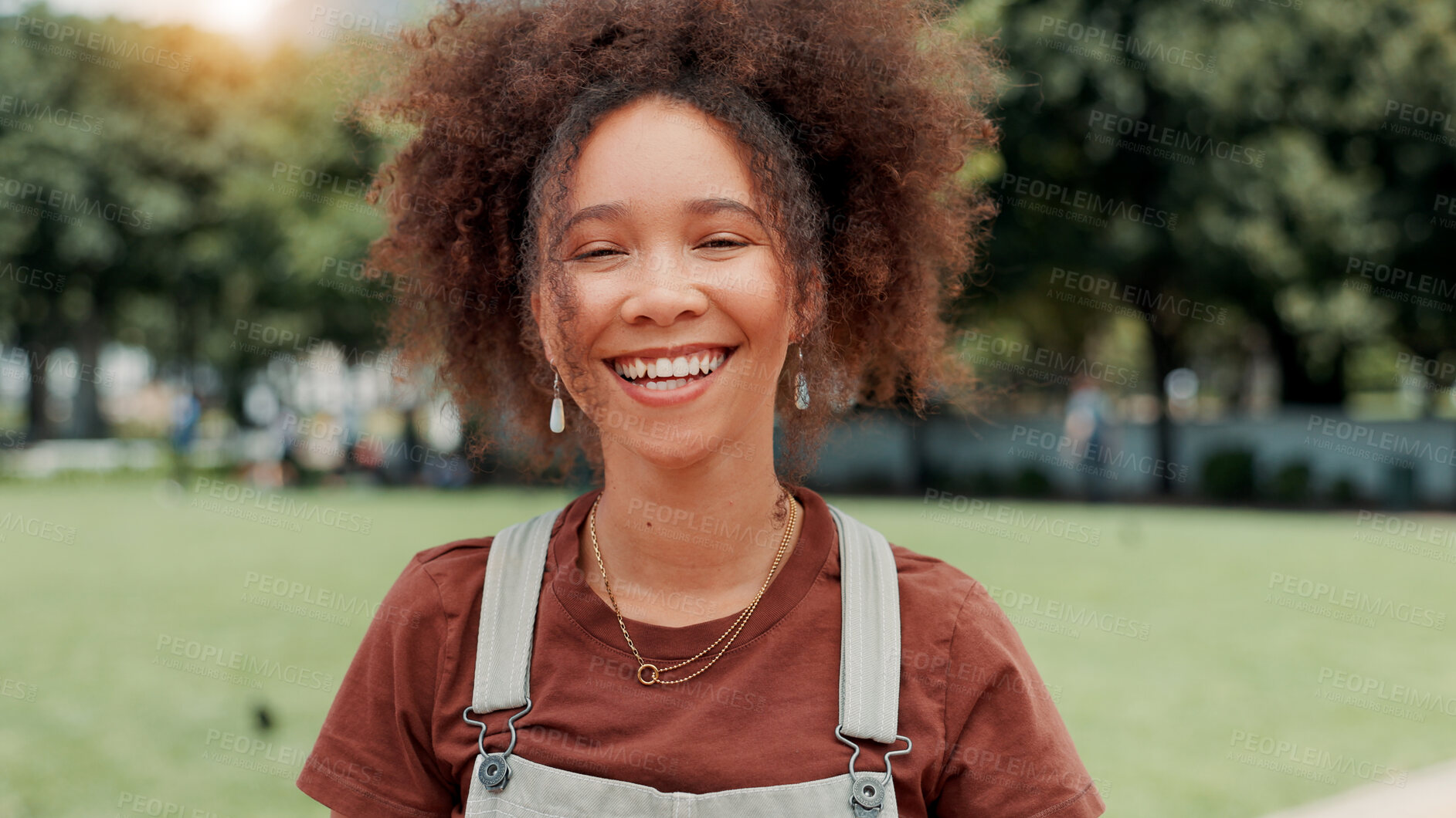 Buy stock photo Happy, nature and portrait of woman outdoor in park on self care vacation, holiday or getaway. Smile, confident and face of female person from Colombia in garden on adventure, journey or weekend trip