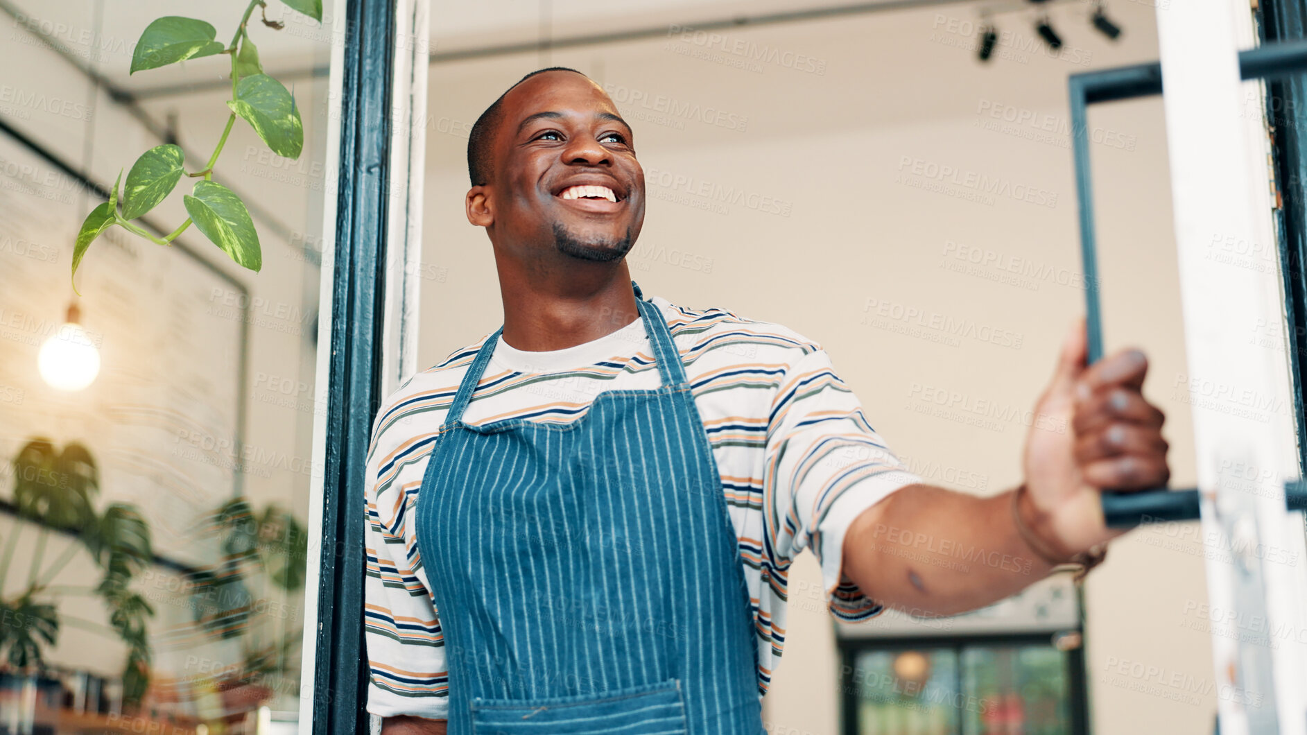 Buy stock photo Front door, thinking and smile with black man in cafe for order, hospitality and small business vision. Restaurant, reflection and barista or person in coffee shop for bakery, low angle and catering
