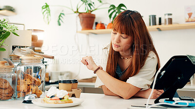 Buy stock photo Bakery, woman and check watch time for schedule, deadline or waiting for customer at counter in small business. Cafe, worker and wristwatch with clock for delay, late or impatient waitress in startup