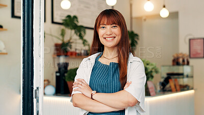 Buy stock photo Portrait, smile and woman in restaurant, arms crossed or hospitality industry with friendly service. Person, business owner or entrepreneur with pride, welcome or entrance for coffee shop or waitress