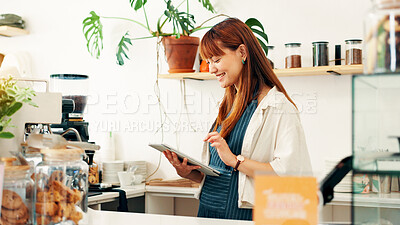 Buy stock photo Barista, tablet and order with woman in cafe for research, digital inventory or restaurant supply checklist. Waitress, catering review and small business owner with person in coffee shop for menu