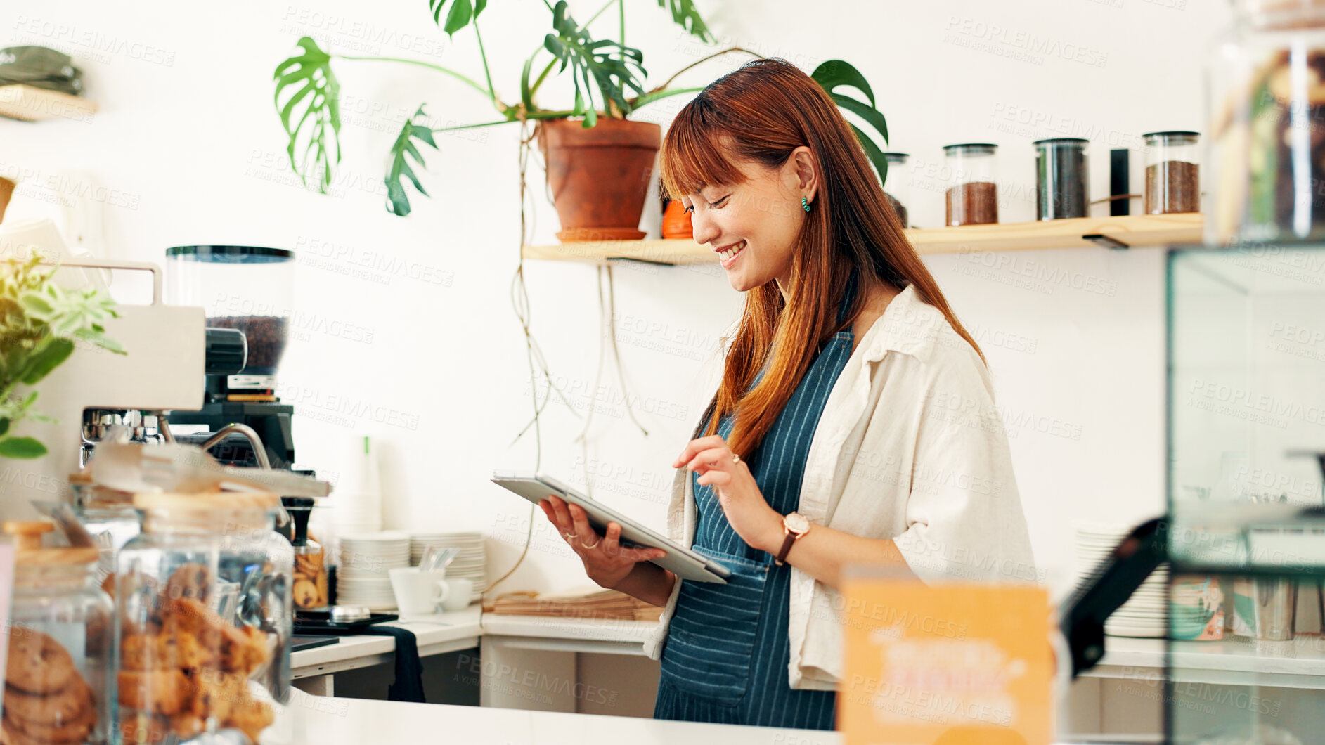 Buy stock photo Barista, tablet and order with woman in cafe for research, digital inventory or restaurant supply checklist. Waitress, catering review and small business owner with person in coffee shop for menu