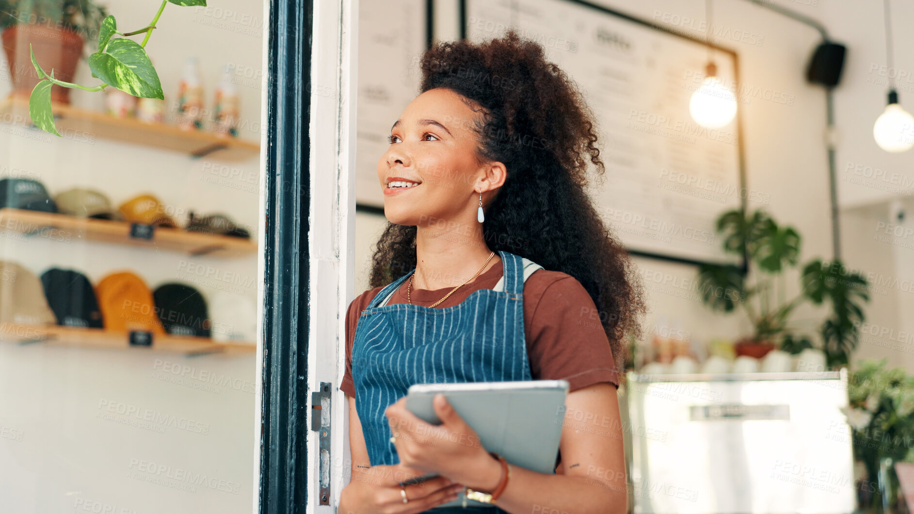 Buy stock photo Thinking, tablet and barista woman in cafe for reflection, digital inventory and restaurant supply checklist. Vision, catering review and small business owner with person in coffee shop for menu