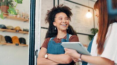 Buy stock photo Cafe, door and people with tablet, laughing and collaboration with small business team. Partner, confidence and happy restaurant staff at entrance on digital app for online booking, orders or review