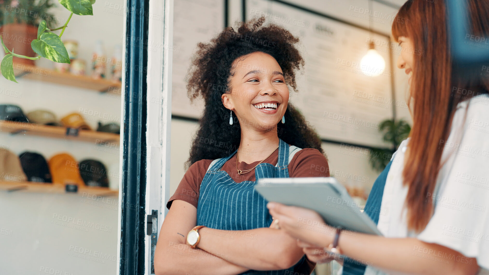 Buy stock photo Cafe, door and people with tablet, laughing and collaboration with small business team. Partner, confidence and happy restaurant staff at entrance on digital app for online booking, orders or review