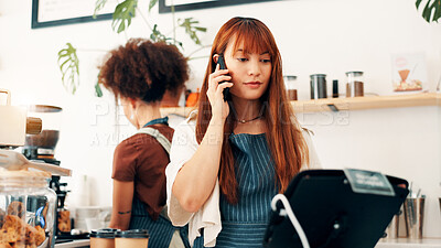 Buy stock photo Barista, woman or phone call for cafe order, online management or customer service in store. Small business owner, waiter or manager on mobile for stock inventory, food sale or coffee shop startup