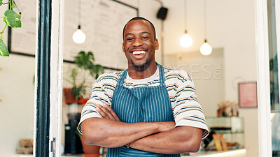 Buy stock photo Portrait, smile and black man in cafe, arms crossed and hospitality industry with friendly service. African person, business owner or entrepreneur with confidence, welcome or entrance for coffee shop