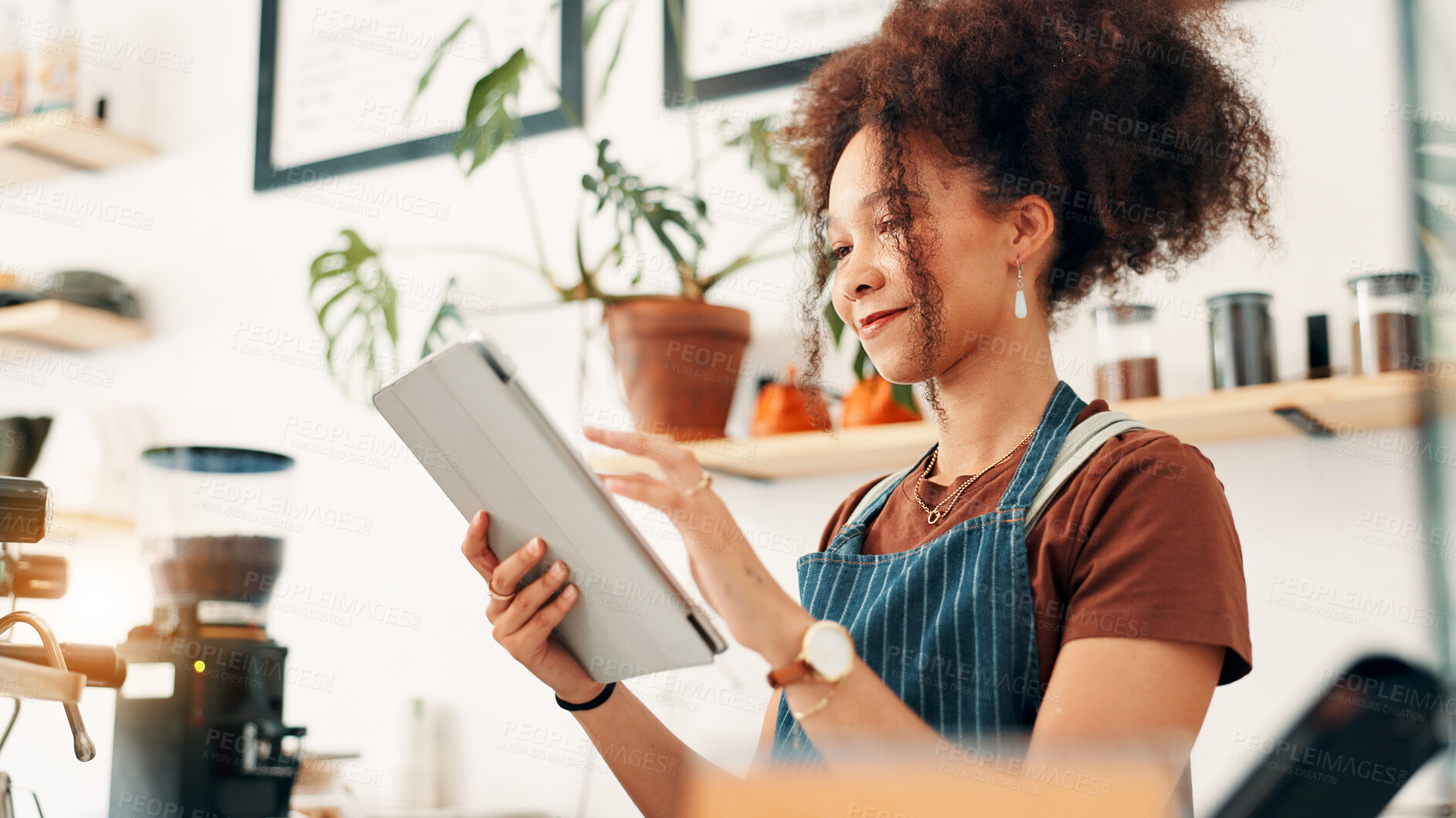 Buy stock photo Barista, tablet and manager with woman in cafe for research, digital inventory or restaurant supply checklist. Waitress, catering review and small business owner with person in coffee shop for menu