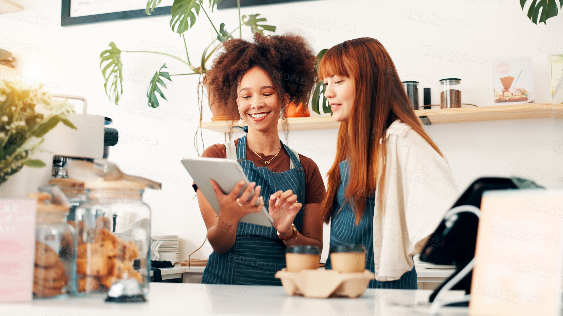 Buy stock photo Team, tablet and smile with people in cafe for research, digital inventory or restaurant training. Waitress, catering plan and small business owner with women in coffee shop for menu price together