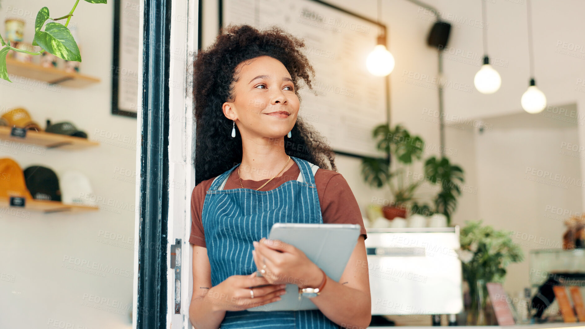 Buy stock photo Thinking, tablet and waitress or woman in cafe for reflection, digital inventory and restaurant supply checklist. Vision, catering review and small business owner with person in coffee shop for menu