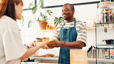 Buy stock photo Cafe, coffee and happy waiter with customer at counter for serving drinks, espresso and cappuccino. Restaurant, hospitality and man with takeaway cups for service, store products and pos help