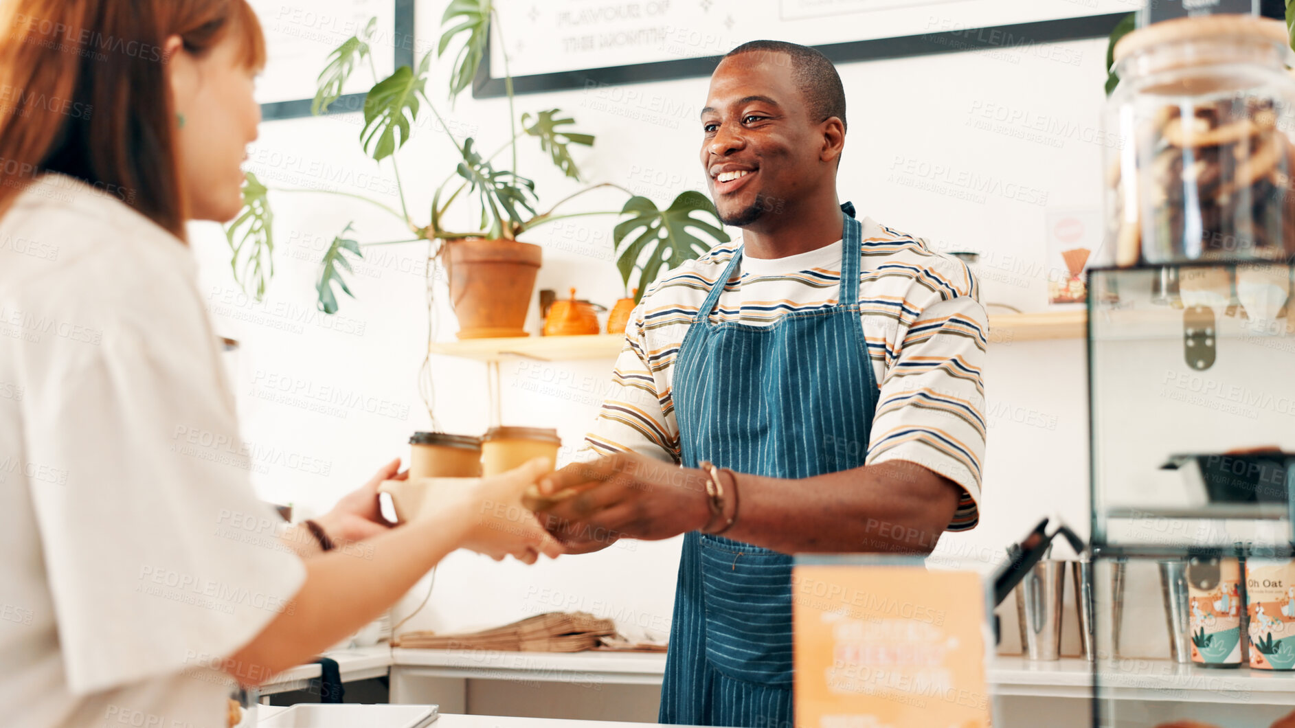 Buy stock photo Cafe, coffee and happy waiter with customer at counter for serving drinks, espresso and cappuccino. Restaurant, hospitality and man with takeaway cups for service, store products and pos help