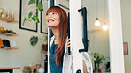 Front door, thinking and open with woman in cafe for order, hospitality and small business vision. Restaurant, reflection and barista or person in coffee shop for bakery, future and catering
