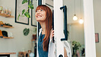 Front door, thinking and open with woman in cafe for order, hospitality and small business vision. Restaurant, reflection and barista or person in coffee shop for bakery, future and catering