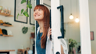 Buy stock photo Front door, thinking and open with woman in cafe for order, hospitality and small business vision. Restaurant, reflection and barista or person in coffee shop for bakery, future and catering