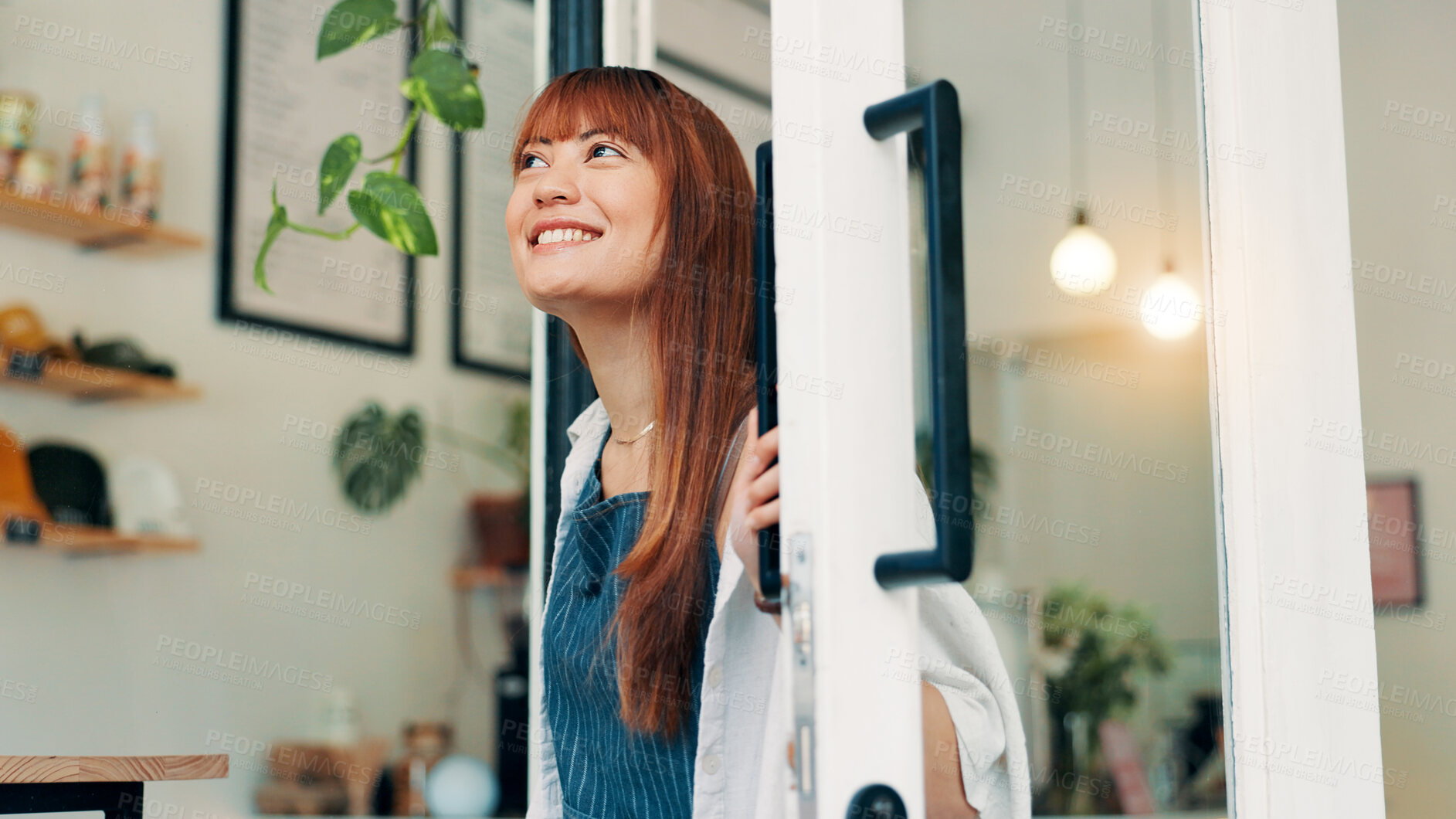 Buy stock photo Front door, thinking and open with woman in cafe for order, hospitality and small business vision. Restaurant, reflection and barista or person in coffee shop for bakery, future and catering