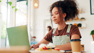 Buy stock photo Laptop, remote work and woman typing in cafe with social media marketer for ad campaign, project and email. Computer, freelancer and writing on internet in coffee shop for brand promotion online