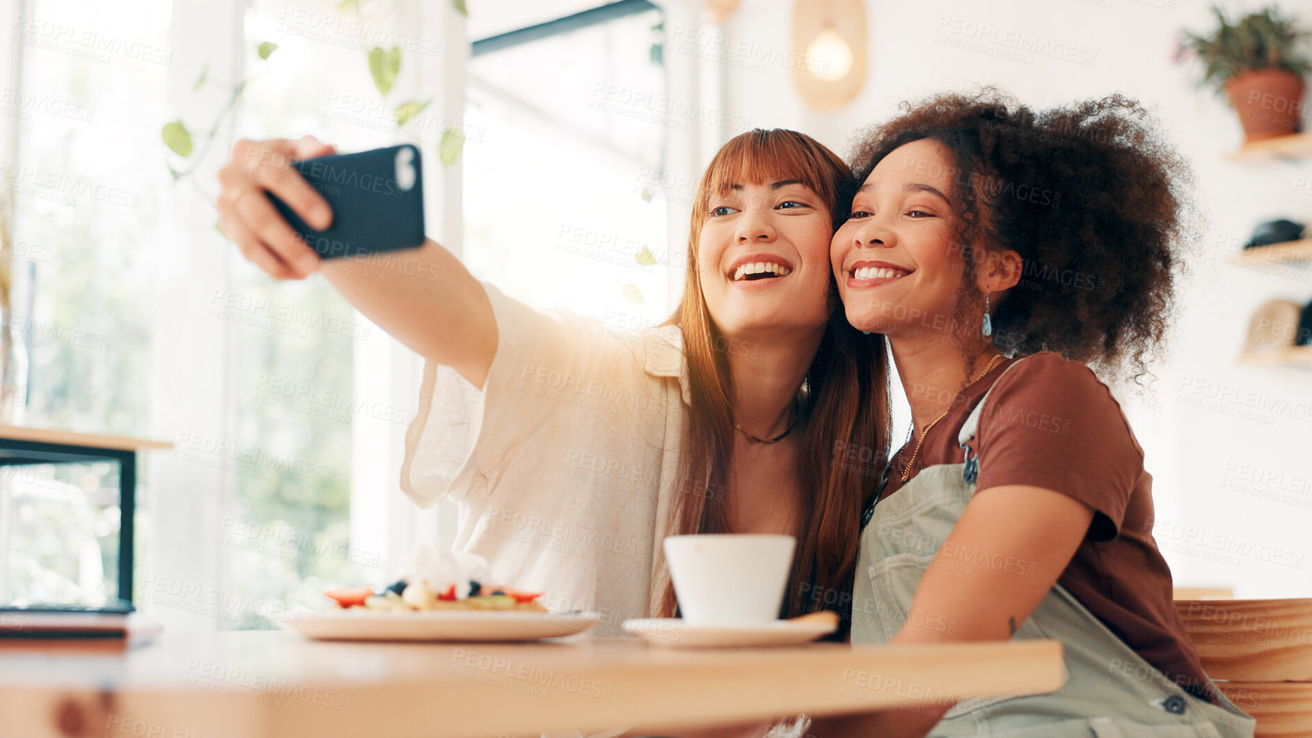 Buy stock photo Selfie, hug and women in coffee shop, relax and photography for memory of reunion and social media. Bonding, friends and people with happiness in cafe, profile picture and break for influencer