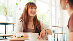 Woman, friends and talking with lunch at restaurant for breakfast date, discussion and bonding. Relax, people and food at cafe for coffee break, gossip chat and hangout together with support and care