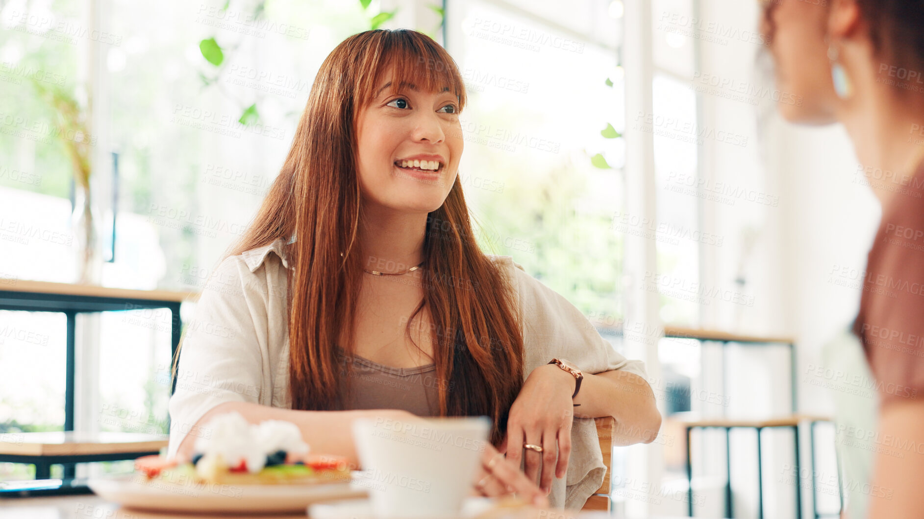 Buy stock photo Woman, friends and talking with lunch at restaurant for breakfast date, discussion and bonding. Relax, people and food at cafe for coffee break, gossip chat and hangout together with support and care