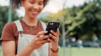 Buy stock photo Park, woman and hands with smartphone for social media, online communication and comment for reel. Outdoor, female person and laughing with mobile for application, funny joke and chat with contact