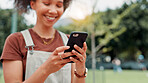 Park, woman and hands with smartphone for social media, online communication and comment for reel. Outdoor, female person and laughing with mobile for application, funny joke and chat with contact
