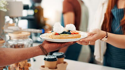 Buy stock photo Hands, waffle and woman with customer at cafe counter for serving, help and purchase breakfast. Restaurant, hospitality and waiter with client for dessert, sweet treats and baked food for takeaway