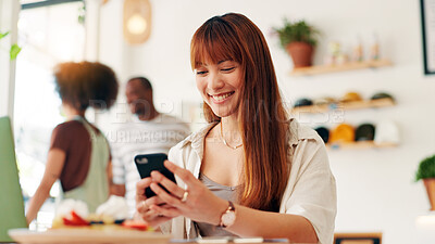 Buy stock photo Phone, happy and woman in cafe with networking, communication or contact on mobile app. Smile, cellphone and female person chatting online for waiting on breakfast date in coffee shop or restaurant.
