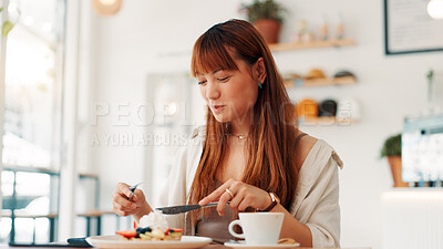 Buy stock photo Cafe, happy and woman with pancake for eating in morning for lunch, breakfast and meal. Restaurant, coffee shop and person with smile to enjoy sweet treat, dessert and waffle for customer service