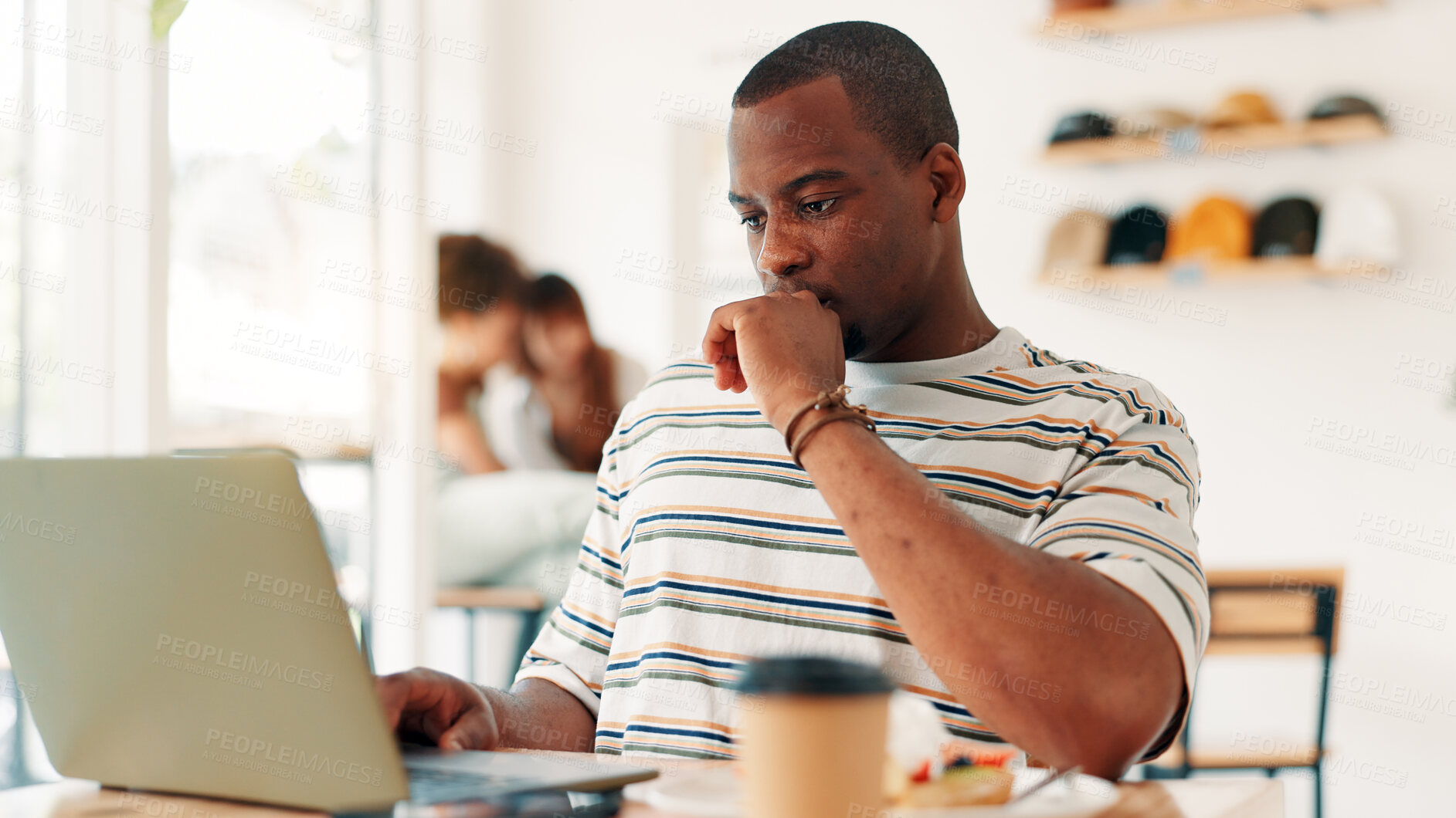 Buy stock photo Coffee shop, remote work and man on laptop in cafe for online project, research report and website, Professional, freelancer and person on computer in restaurant for breakfast, meal and lunch