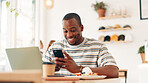 Coffee shop, remote work and man on laptop and phone for online project, research report or networking, Happy, freelancer and person on smartphone in restaurant for social media, internet and website