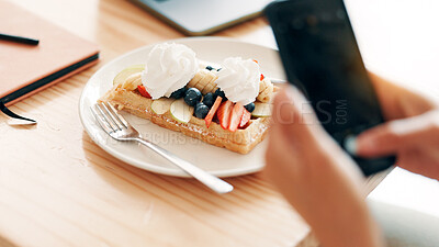 Buy stock photo Cafe, photo and person with waffle with phone for social media, internet and influencer post. Restaurant, coffee shop and hands with smartphone for picture of sweet treat, dessert and breakfast