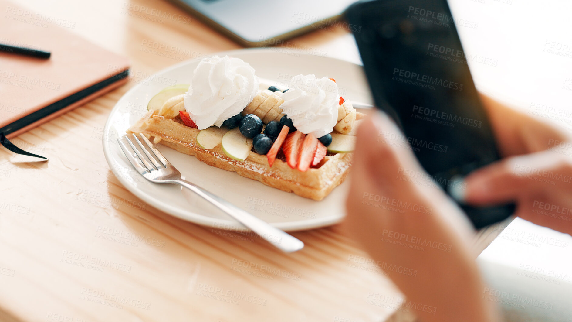 Buy stock photo Cafe, photo and person with waffle with phone for social media, internet and influencer post. Restaurant, coffee shop and hands with smartphone for picture of sweet treat, dessert and breakfast