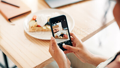 Buy stock photo Cafe, photo and person with pancake with screen for social media, internet and influencer post. Restaurant, coffee shop and hands with smartphone for picture of sweet treat, dessert and waffle