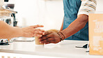 Cafeteria, coffee and hands of person with customer at counter for serving drinks, latte and cappuccino. Restaurant, hospitality and waiter with takeaway cups for service, store products and pos help