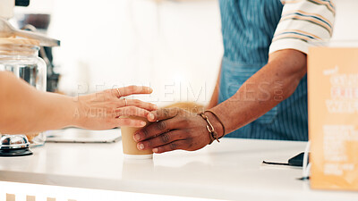 Buy stock photo Cafeteria, coffee and hands of person with customer at counter for serving drinks, latte and cappuccino. Restaurant, hospitality and waiter with takeaway cups for service, store products and pos help