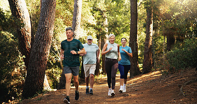 Buy stock photo Running, group and people in woods, fitness and cardio with nature, workout and exercise. Health, athletes and runners in forest, wellness and energy with sprint, training or challenge with endurance