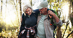 Senior, couple and hiking with help for injury, fatigue or accident with support for walking. Travel, adventure and man assisting woman for trekking mistake, care or aid with sprain outdoor in forest