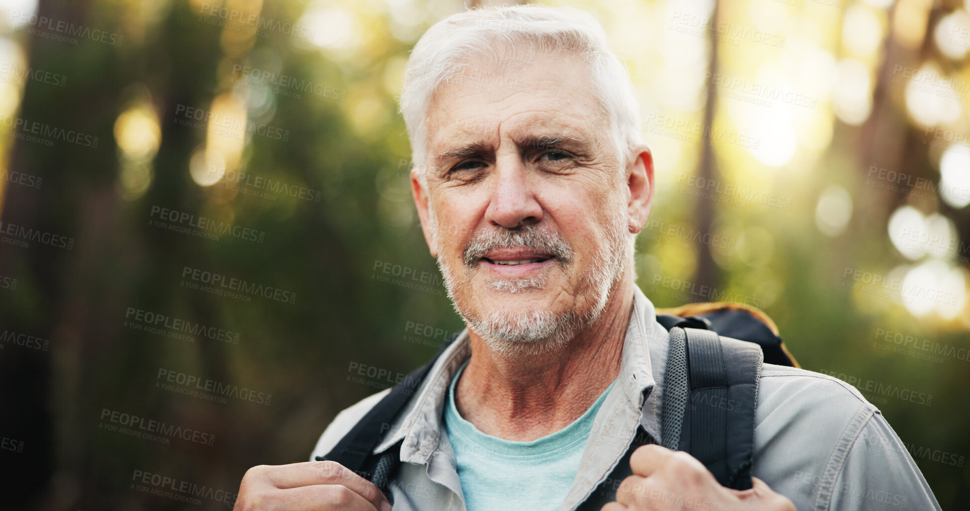 Buy stock photo Portrait, backpacking and senior man on adventure, forest and journey in nature, outdoor and retirement. Hiking, travel and elderly person on holiday in woods, trekking and exploration of environment