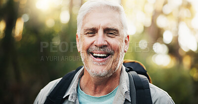 Buy stock photo Portrait, hiking and senior man in forest, journey and happy for adventure in nature, travel and laughing. Backpacking, traveller and elderly person with humor on holiday, smile and joy for tourism