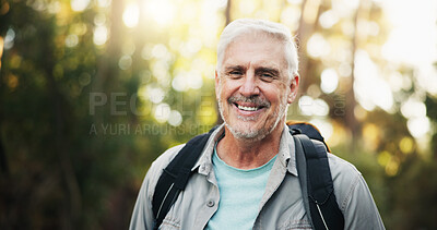 Buy stock photo Portrait, hiker and senior man with smile, forest and journey for vacation, adventure or retirement. Travel, calm and elderly person on holiday in woods, trekking or exploration of environment in USA