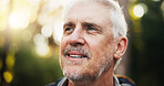 Happy, thinking and senior man on hike, outdoor and traveller in natural environment and retirement. Adventure, contemplating and elderly person with smile in woods, journey and calm on holiday