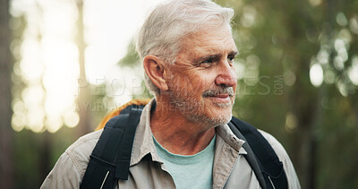 Buy stock photo Thinking, hiking and senior man on journey, smile and adventure in nature, outdoor and retirement. Backpacking, travel and elderly person on holiday in woods, trekking and exploration of environment